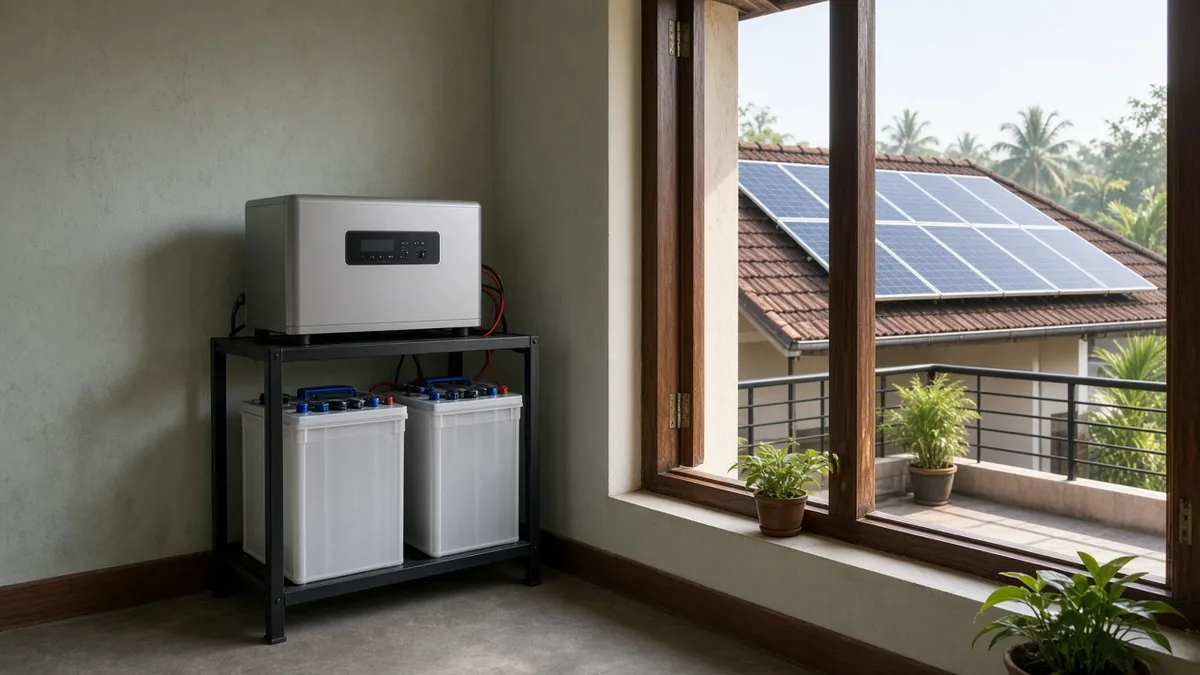 Can you connect solar panels to home inverter? A Kerala home's inverter and battery beside a rooftop solar plant