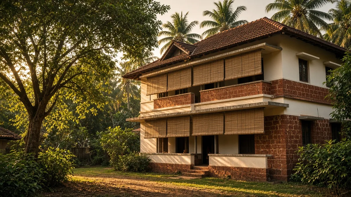 Reduce AC use at home: bamboo blinds and sunshades on a Kerala house in afternoon sun