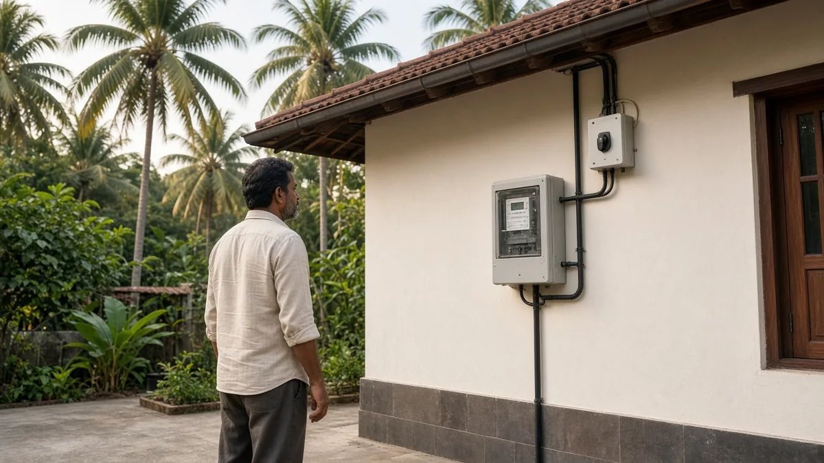 Homeowner checking a sealed solar net meter display outside a Kerala house with rooftop panels