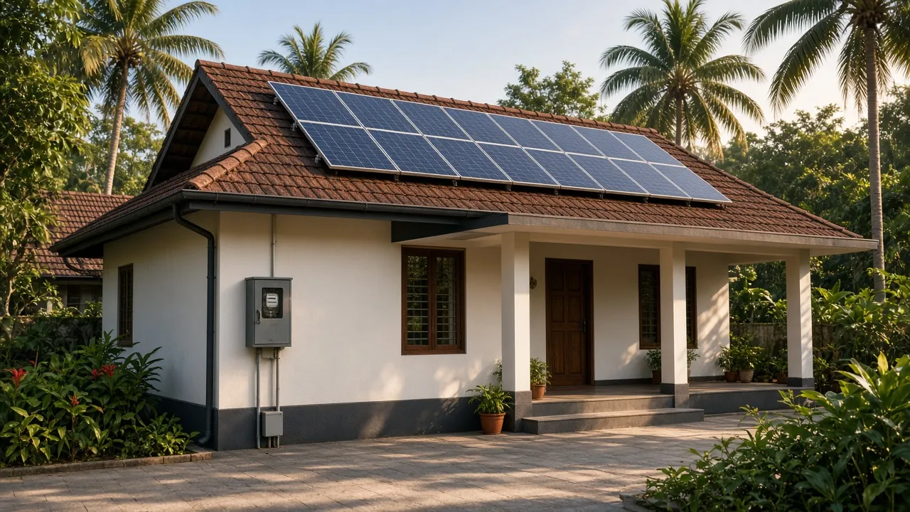 Kerala home rooftop solar with outdoor meter cabinet