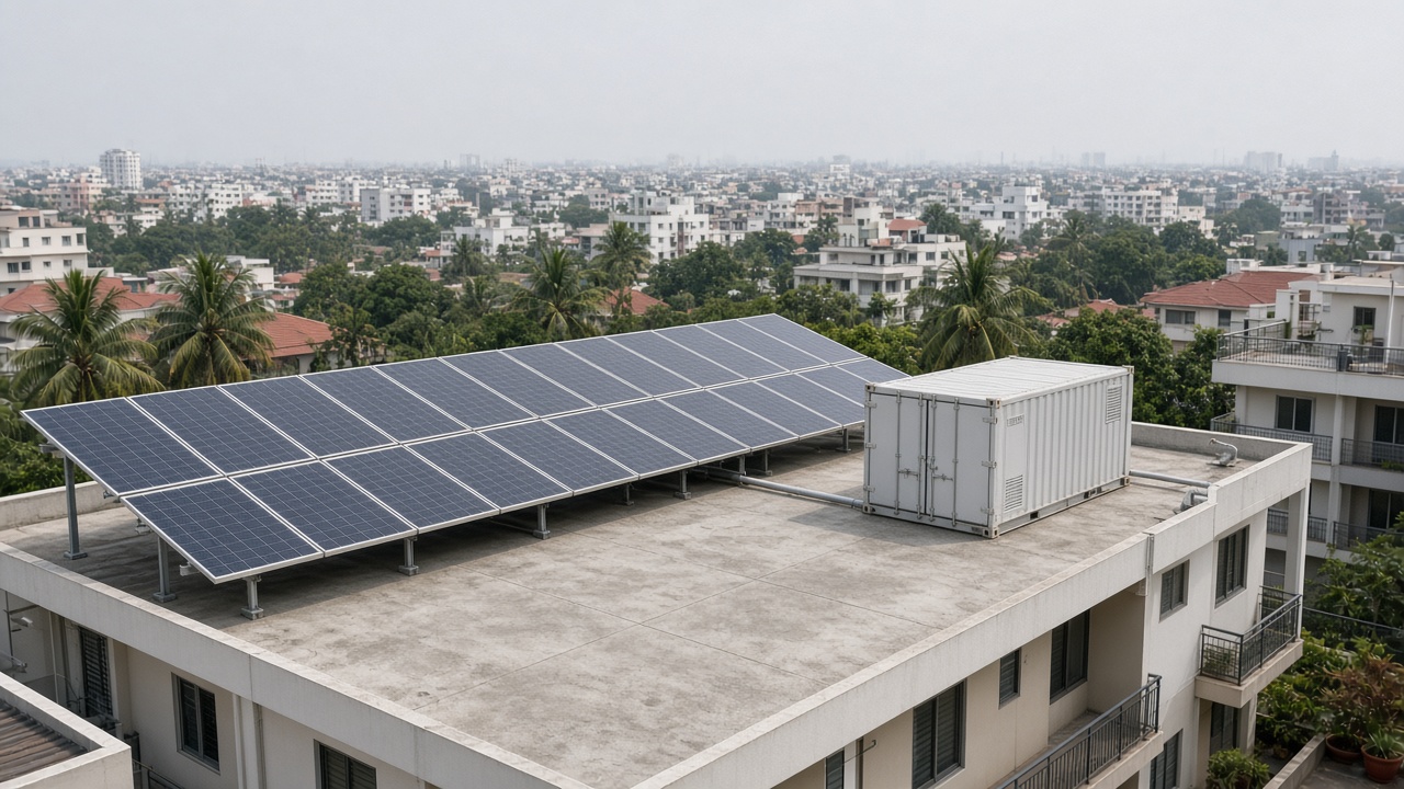 Shared solar array on a Kerala apartment roof