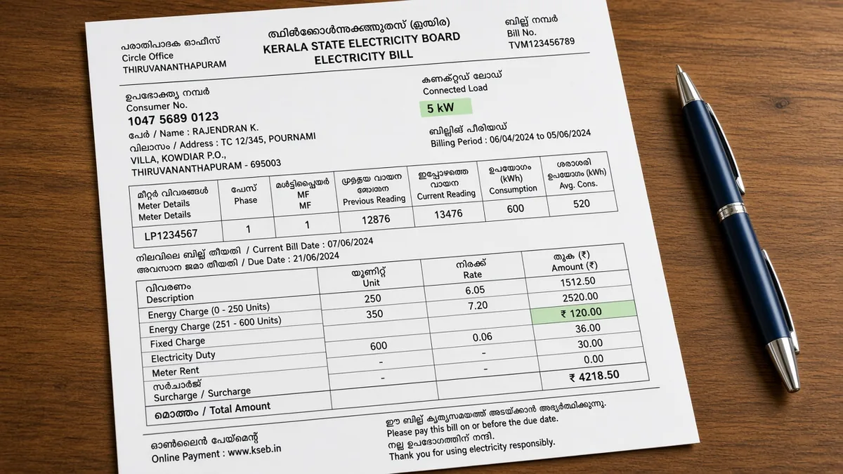 Sample KSEB bill details with the fixed charge line and connected load highlighted
