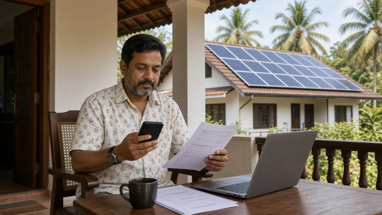 Kerala homeowner checking a rooftop solar quotation against a phone