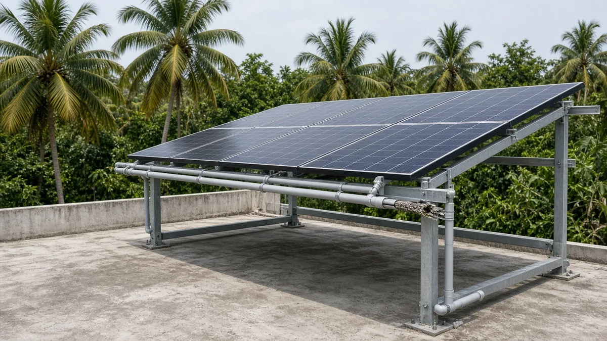 Rats chewing solar cables: a split cable pipe under rooftop panels on a Kerala terrace