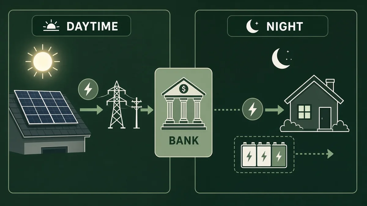 Diagram of daytime solar export being banked and drawn back from the grid in non-solar hours