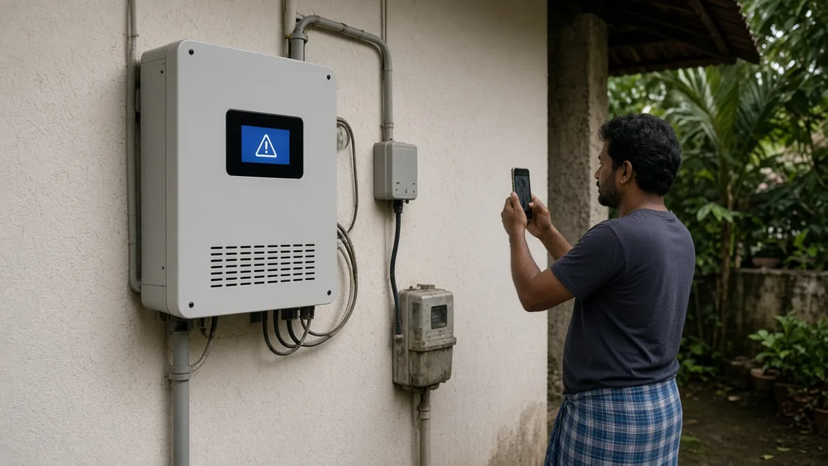 Homeowner photographing a solar inverter grid fault message on a Kerala home