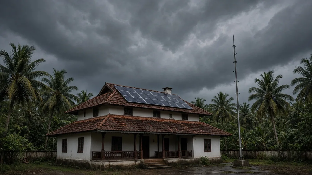 Kerala rooftop solar plant with a separate lightning arrester under storm clouds