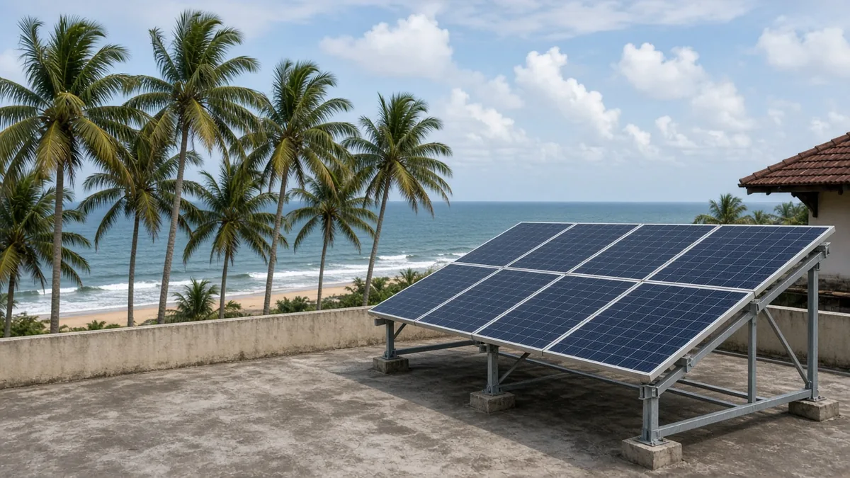 Rooftop solar panels on a galvanized structure at a coastal Kerala home