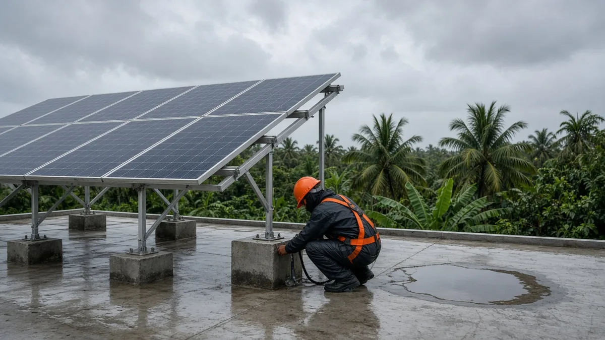 Solar panel roof leakage check at a mounting leg on a Kerala terrace