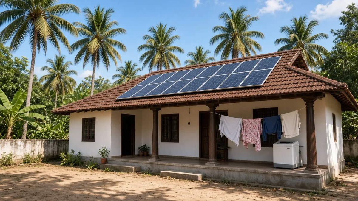 Kerala home with rooftop solar running the washing machine in daytime sun