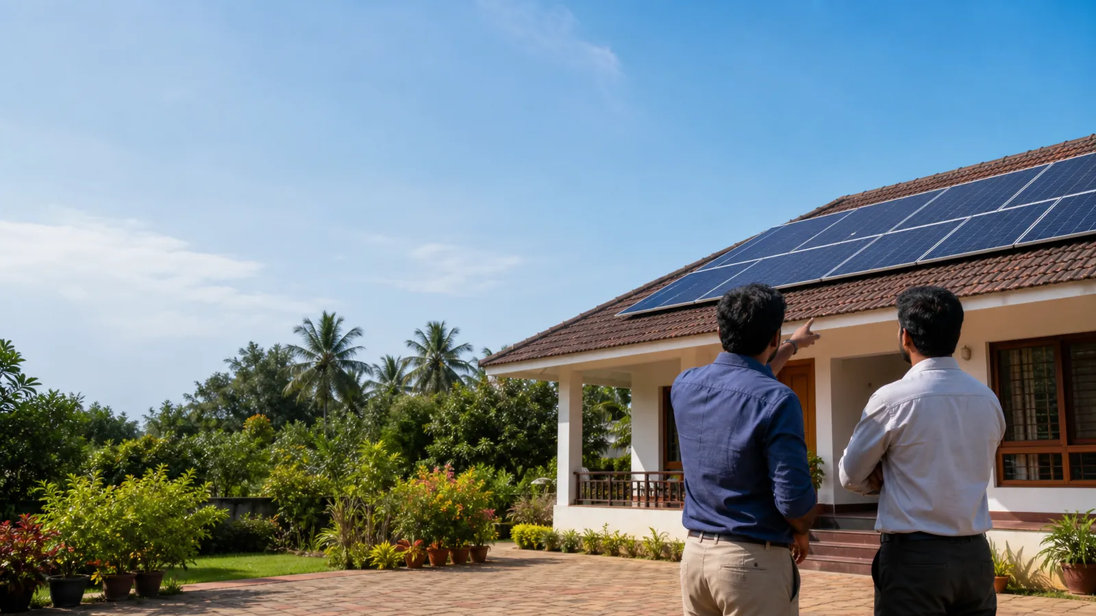 Two solar advisers viewing rooftop panels at a Kerala home