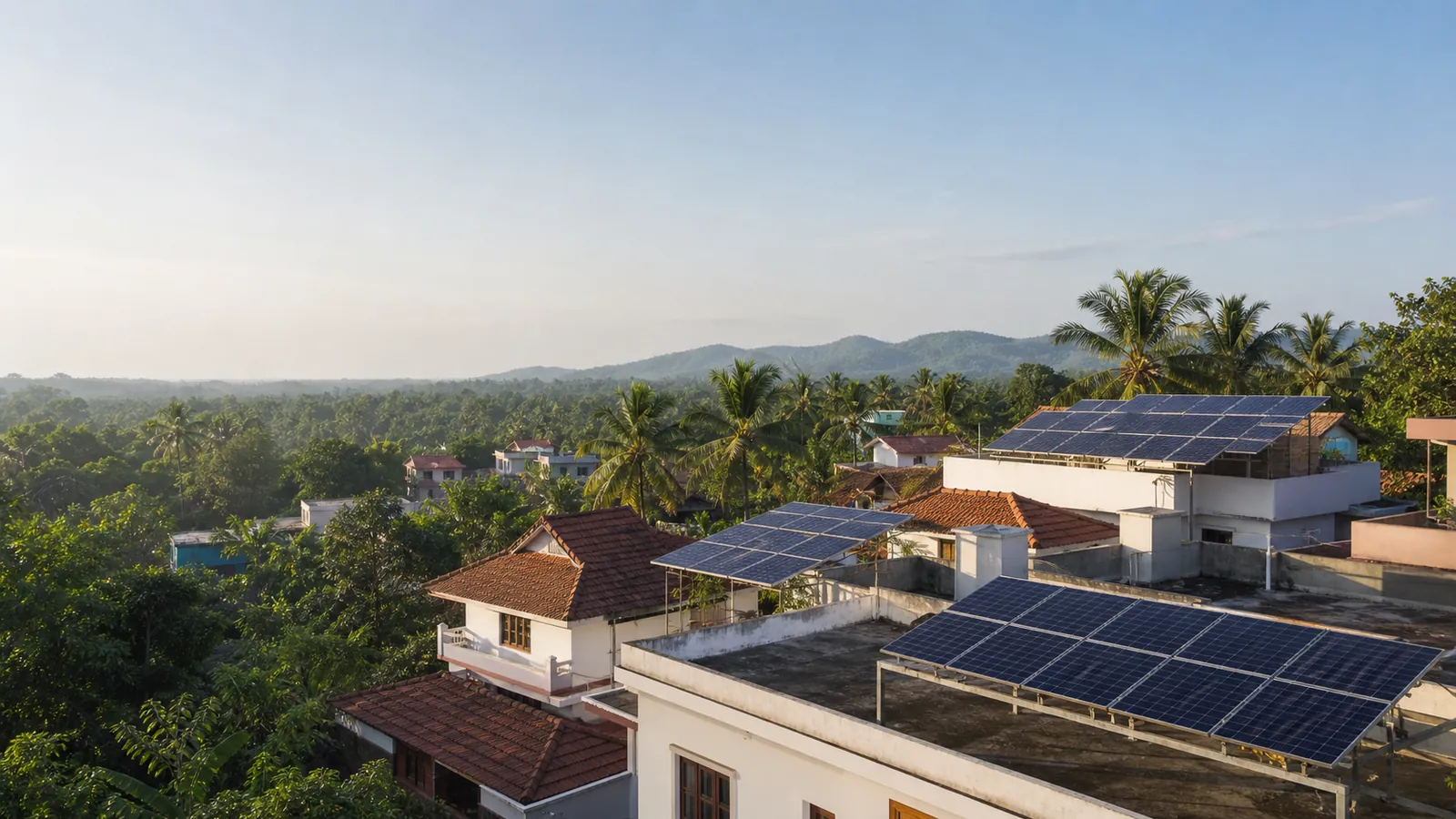 Rooftop solar installations across a Kerala neighbourhood